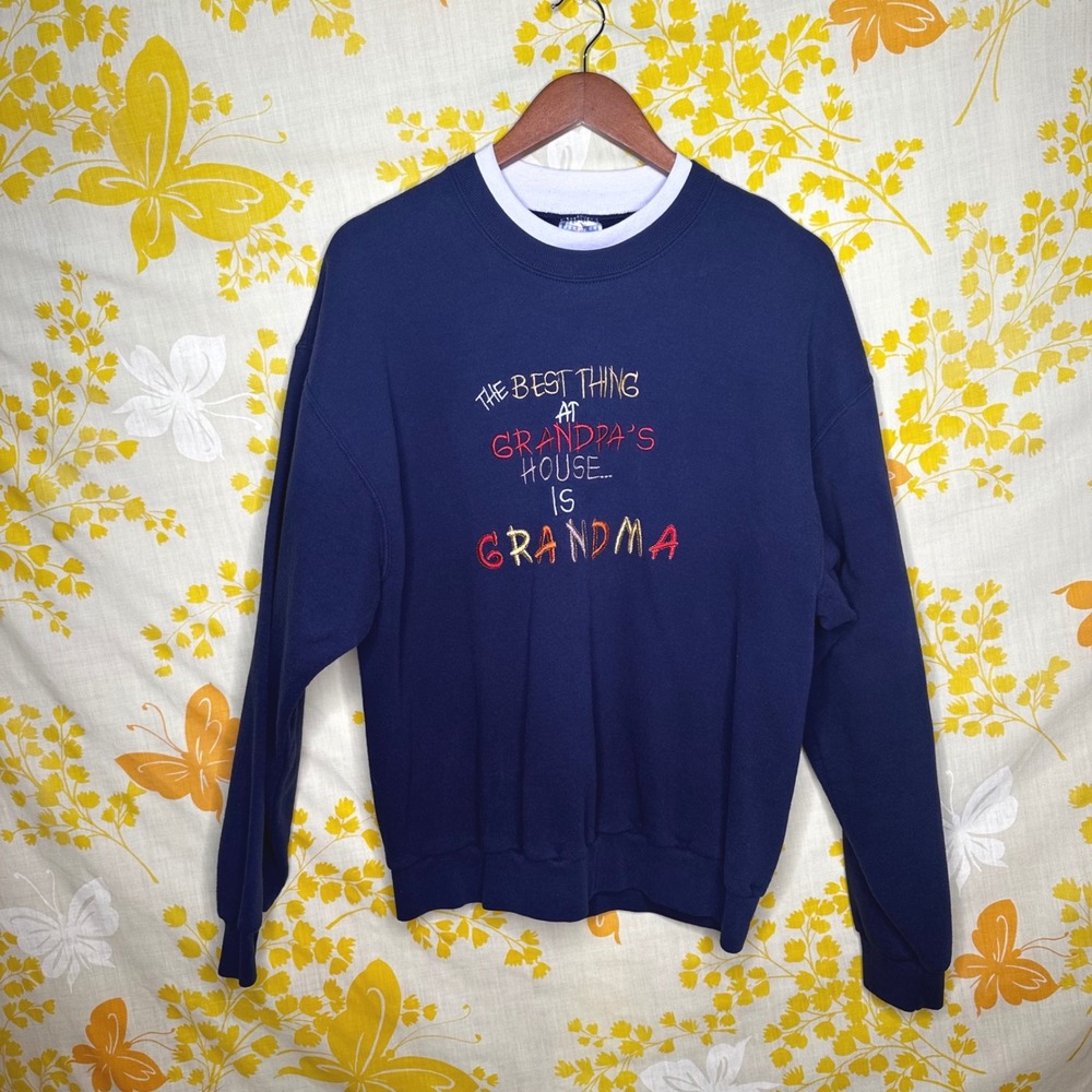 Jerzees NuBlend Sweatshirt Navy Blue Grandpa Grandma Embroidered Vintage Lg